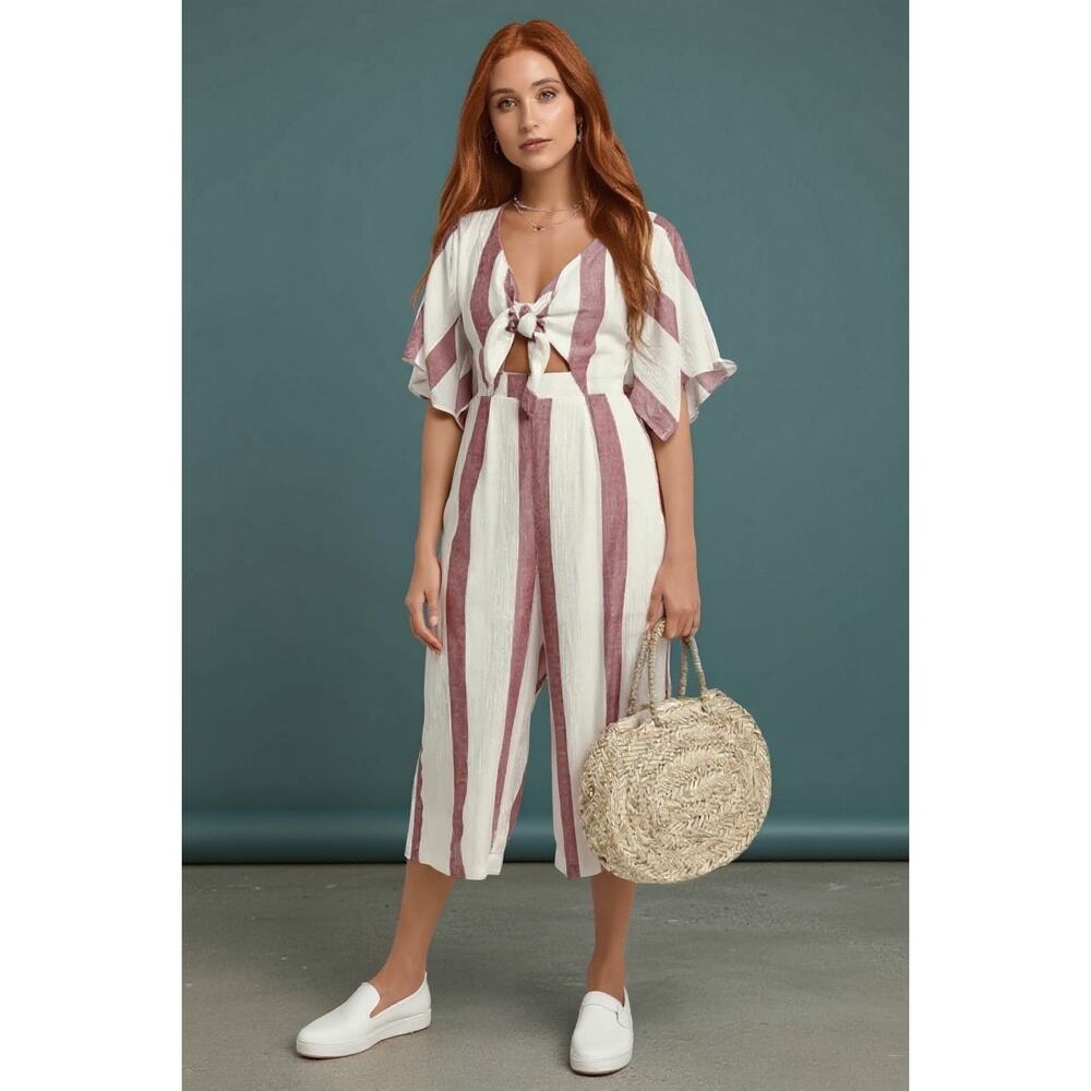 NWOT Lulus Women's Lg Rayna Striped Coulotte Wide Leg Jumpsuit Beach Boho Summer